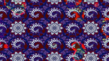 Arkaplan dokusu, duvar kağıdı, mor ve mavi renkli çiçek teması. Kabile sanatı boho baskısı, klasik çiçek arkaplanı. Soyut etnik raster çizim kalıbı.