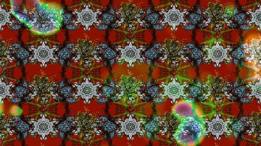 Çok renkli ve kahverengi zarif küçük çiçekler ve kırmızı ve kahverengi renkli komik böcekler, raster desen, illüstrasyon.