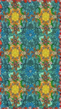 Raster illüstrasyonu. Eskiz geçmişi. Kumaş, tekstil, duvar kağıdı baskısı için. Eski usul. Renkli desenli eskiz deseni, mavi çiçekler ve dekoratif elementlerle.