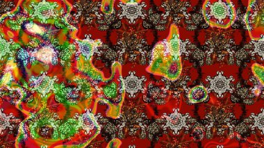 1950-1960 motifleri. Retro tekstil tasarım koleksiyonu. El çizimi çiçek unsurları olan soyut çizim raster deseni. Çiçekli ipek eşarp. Kahverengi ve kırmızı üzerine kahverengi ve kırmızı.