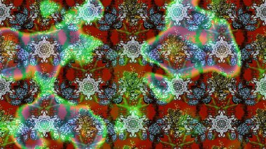 Raster illüstrasyonu. Kahverengi ve yeşil renkli Asya tekstili. Çiçek desenini çiz.