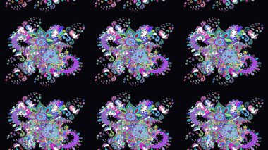 Raster - stok. Yapraklı çiçekler ve mavi ve siyah renkli papatya çiçekleri. Taslak arkaplan deseni.