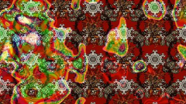 1950-1960 motifleri. Retro tekstil tasarım koleksiyonu. El çizimi çiçek unsurları olan soyut çizim raster deseni. Çiçekli ipek eşarp. Kahverengi ve kırmızı üzerine kahverengi ve kırmızı.