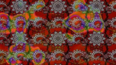 Raster Çiçek İllüstrasyonu 'nun şirin tekstili. Kahverengi ve kırmızı renkte etnik çiçeklerle süslenmiş zarif bir eskiz..