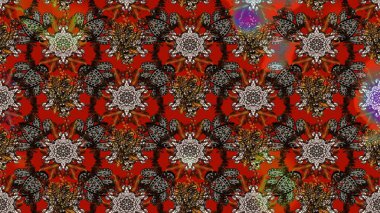 Kırmızı ve kahverengi renkte etnik çiçeklerle süslenmiş zarif bir eskiz şekli. Asya Tekstil 'inde Raster Çiçek İllüstrasyonu.