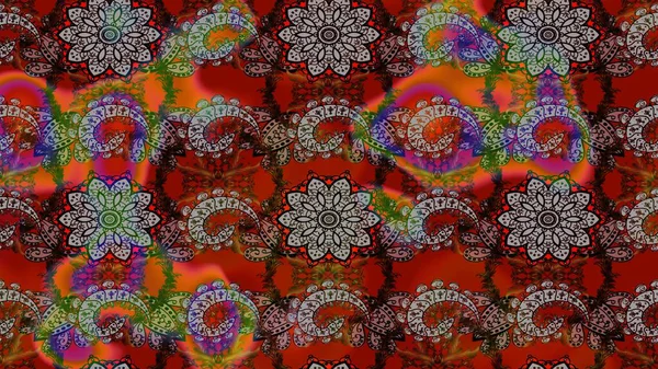 Raster Çiçek İllüstrasyonu 'nun şirin tekstili. Kahverengi ve kırmızı renkte etnik çiçeklerle süslenmiş zarif bir eskiz..