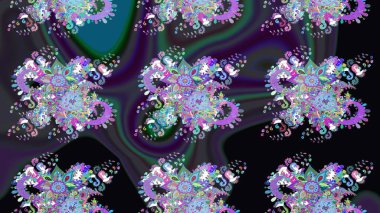 Eskiz arkaplan modeli. Yapraklı çiçekler ve papatya çiçekli siyah ve mor renkli. Raster - stok.