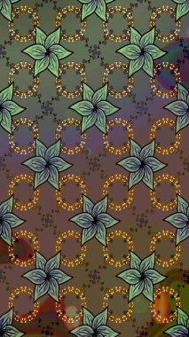 Yapraklı çiçekler ve kahverengi renkli papatya çiçekleri. Raster - stok. Taslak arkaplan deseni.