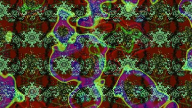 Nakış desenli çiçek deseni. Renkli grunge, koyu yeşil ve kırmızı çiçeklerle soyut bir arka plan oluşturur. İzler, kumaş, duvar kağıtları, tekstil için raster dokusu.