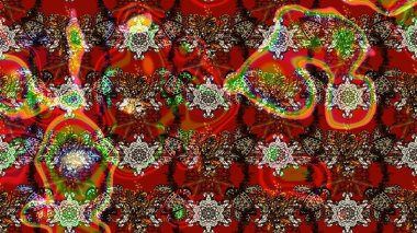 Raster deseni. Patlayan çiçekler soyut olarak yerleştirilmiş. Kahverengi ve kırmızı renklerde bahar çiçekleri. Raster illüstrasyonu.