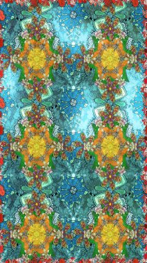 Dallı bahar çiçekleriyle desen, mavi renklerle çiçek siluetiyle desen. Raster deseni.