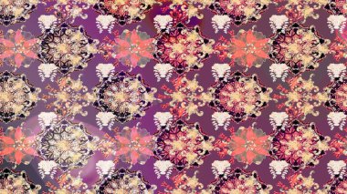 Raster illüstrasyonu. Şirin çiçekli eskiz deseni ve mor renkli yapraklar, suluboya çiçek deseni, duvar kağıdı, kart veya kumaş için fayanslı.