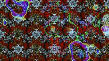 Raster çiçek desenleri çiziyor. Vadinin çiçekleri kırmızı ve kahverengi renklerde.