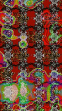 Kahverengi ve kırmızı renkte etnik çiçeklerle süslenmiş zarif bir eskiz şekli. Asya Tekstil 'inde Raster Çiçek İllüstrasyonu.