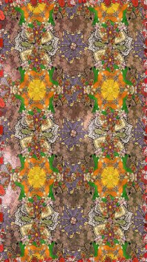 Kumaş, tekstil, duvar kağıdı baskısı için. Eskiz geçmişi. Eski usul. Raster illüstrasyonu. Renkli desenli eskiz deseni, kahverengi çiçekler ve dekoratif elementlerle.