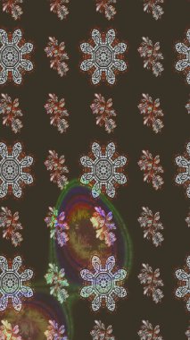 Asya tekstil tarzında. Raster illüstrasyonu. Raster illüstrasyonu. Çiçek desenli çizim. Kahverengi ve gri renkte çiçekler.