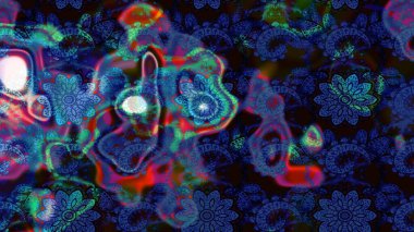 Siyah ve mavi renkte çiçekler. El çizimi çiçekli soyut çizim kalıbı. Raster illüstrasyonu.