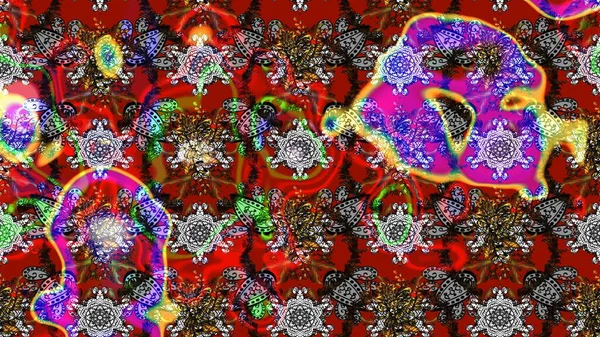 Üzerinde gelincikler ve vadi zambakları olan renkli çiçek desenli nakış deseni. Tekstil tasarımı için gri ve kırmızı renkli geleneksel halk çiçekleri buketi.