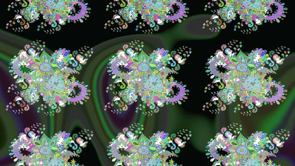 Düz Çiçek Elementleri Tasarım Raster illüstrasyonu. Yeşil ve siyah renkli çiçekler. Renkli Bahar temalı eskiz kalıbı. Çiçekli çiçek deseni, suluboya..