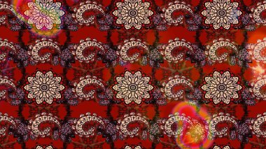 Çiçek desenli çizim. Raster illüstrasyonu. Raster illüstrasyonu. Asya tekstil tarzında. Kırmızı ve kahverengi renkte çiçekler.