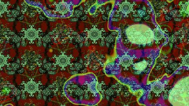 Yeşil ve kahverengi renkli etnik çiçekli zarif eskiz deseni. Raster Çiçek İllüstrasyon Şirin Tekstil.