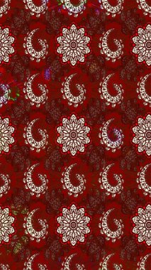 Kırmızı ve kahverengi renkli Asya tekstili. Çiçek desenli çizim. Raster illüstrasyonu.