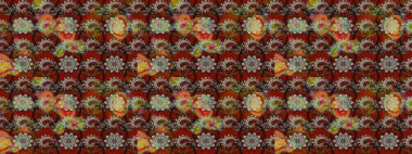 Raster illüstrasyonu. Çiçek desenli çizim. Kırmızı ve kahverengi renkte çiçekler. Raster illüstrasyonu. Asya tekstil tarzında.