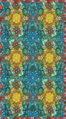 Eskiz geçmişi. Kumaş, tekstil, duvar kağıdı baskısı için. Eski usul. Raster illüstrasyonu. Renkli desenli eskiz deseni, mavi çiçekler ve dekoratif elementlerle.