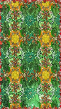 Raster illüstrasyonu. Şirin çiçekli eskiz deseni ve yeşil renkli yapraklar, suluboya çiçek deseni, duvar kağıdı, kart veya kumaş için fayanslı.