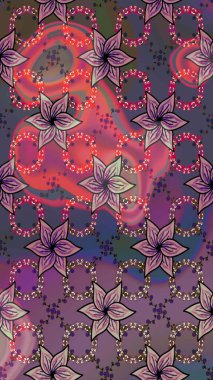 Birçok mor soyut çiçekli tropikal çizim deseni. Küçük çiçekteki sevimli çiçek deseni. Varicolopurple raster çizimi.