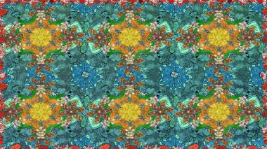 Raster illüstrasyonu. Eskiz geçmişi. Kumaş, tekstil, duvar kağıdı baskısı için. Renkli desenli eskiz deseni, mavi çiçekler ve dekoratif elementlerle. Antika retro tarzı.