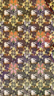 Şirin çiçekli eskiz deseni ve kahverengi renkli yapraklar, suluboya çiçek deseni, duvar kağıdı, kart veya kumaş için fayanslı. Raster illüstrasyonu.