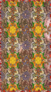 Raster illüstrasyonu. Renkli desenli eskiz deseni, kahverengi çiçekler ve dekoratif elementlerle. Eski usul. Eskiz geçmişi. Kumaş, tekstil ve duvar kağıdı baskısı için..