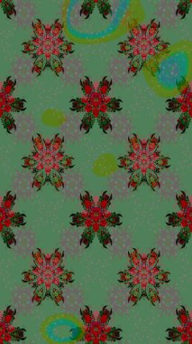 Renkli Bahar Teması eskiz kalıbı. Yeşil renkli şirin çiçek deseni. Raster Modaya uygun kumaş deseni. Düz Çiçek Elementleri Tasarımı.