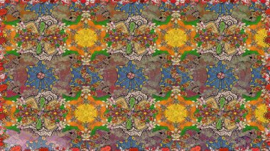 Millefleur 'lar. Küçük kahverengi çiçekli oldukça eski bir besin torbası deseni. Tekstil, kumaş, kapaklar, duvar kağıtları, baskı, paket, koleksiyon defteri, örgü, dekupaj için çiçek arkaplanı..