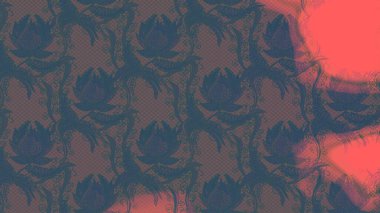 Moda baskıları için zarif bir şablon. Parlak renkli çiçekleri ve mavi yaprakları olan harika bir çiçek deseni. Halk tarzı. Modern çiçek arkaplanı.