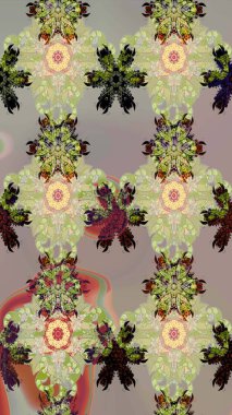 Renkli Bahar Teması eskiz kalıbı. Raster Modaya uygun kumaş deseni. Düz Çiçek Elementleri Tasarımı. Gri renkli şirin çiçek deseni.