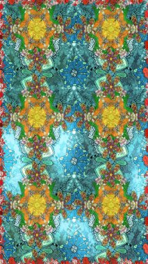 Dallı bahar çiçekleriyle desen, mavi renklerle çiçek siluetiyle desen. Raster deseni.