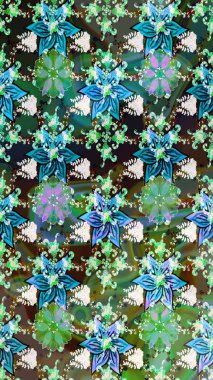 Raster illüstrasyonu. Yumuşak, bahar çiçekleri yeşil ve mavi renklerde. Raster deseni. Patlayan çiçekler soyut yerleştirilmiş.