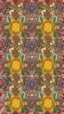 Varicolobrown Raster çizimi. Bir sürü kahverengi ve soyut çiçekli tropik eskiz deseni. Küçük çiçekte sevimli çiçek deseni var..