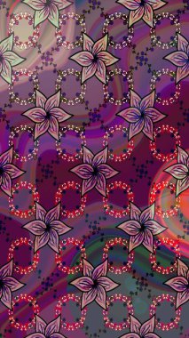 Raster - stok. Yapraklı çiçekler ve mor renkli papatya çiçekleri. Taslak arkaplan deseni.