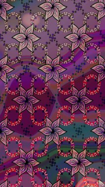 Raster illüstrasyonu. Şirin çiçekli eskiz deseni ve mor renkli yapraklar, suluboya çiçek deseni, duvar kağıdı, kart veya kumaş için fayanslı.