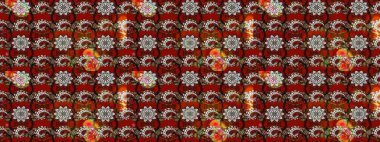 Raster illüstrasyonu. Renkli çizim kalıbı. Kırmızı ve kahverengi renkli şirin tekstil tarzında. Çiçek arkaplan. Çiçek duvar kağıdı.