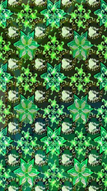 Çiçek desenli çizim. Raster illüstrasyonu. Asya tekstil tarzında. Raster illüstrasyonu. Yeşil renkte çiçekler.