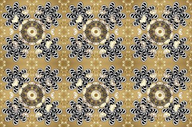 Bej, nötr ve siyah renklerde desen. Kına dövmeli süs çiçekleri, altın çıkartmalar, mehndi ve yoga tasarımı, kartlar ve parmak izleri. Raster altın mehndi kusursuz desen.