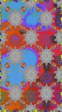 Asya tekstil tarzında. Raster illüstrasyonu. Kusursuz çiçek deseni. Gri ve mavi renkte çiçekler. Raster illüstrasyonu.