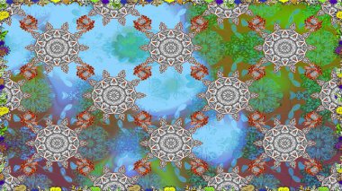 Güzel kumaş deseni. Renkli Bahar Temalı Kusursuz Arkaplan. Zentangle soyut çiçekleri. Raster illüstrasyonu. Düz Çiçek Elementleri Tasarımı. Çiçek tozu..