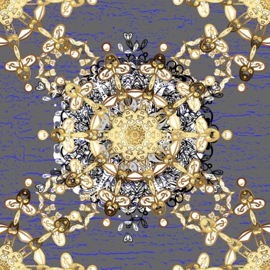 Kahverengi ve beyaz renklerde altın elementlerle kusursuz desen. Kusursuz klasik raster altın desenli. Klasik klasik klasik arka plan. Geleneksel oryantasyon süsü.