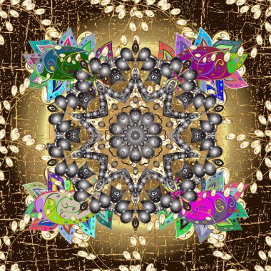 Kusursuz altın desenli bukleler. Doğu tarzı arabesk. Parlak dantel, stilize çiçekler, şal desenli. Hassas altın deseni açın. Hoş renklerde, altın elementlerle kusursuz desen. Raster illüstrasyonu.