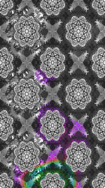 Raster Floral Illustration, Asyalı tekstil. Gri ve nötr renklerdeki etnik çiçeklerle zarif eskiz deseni.